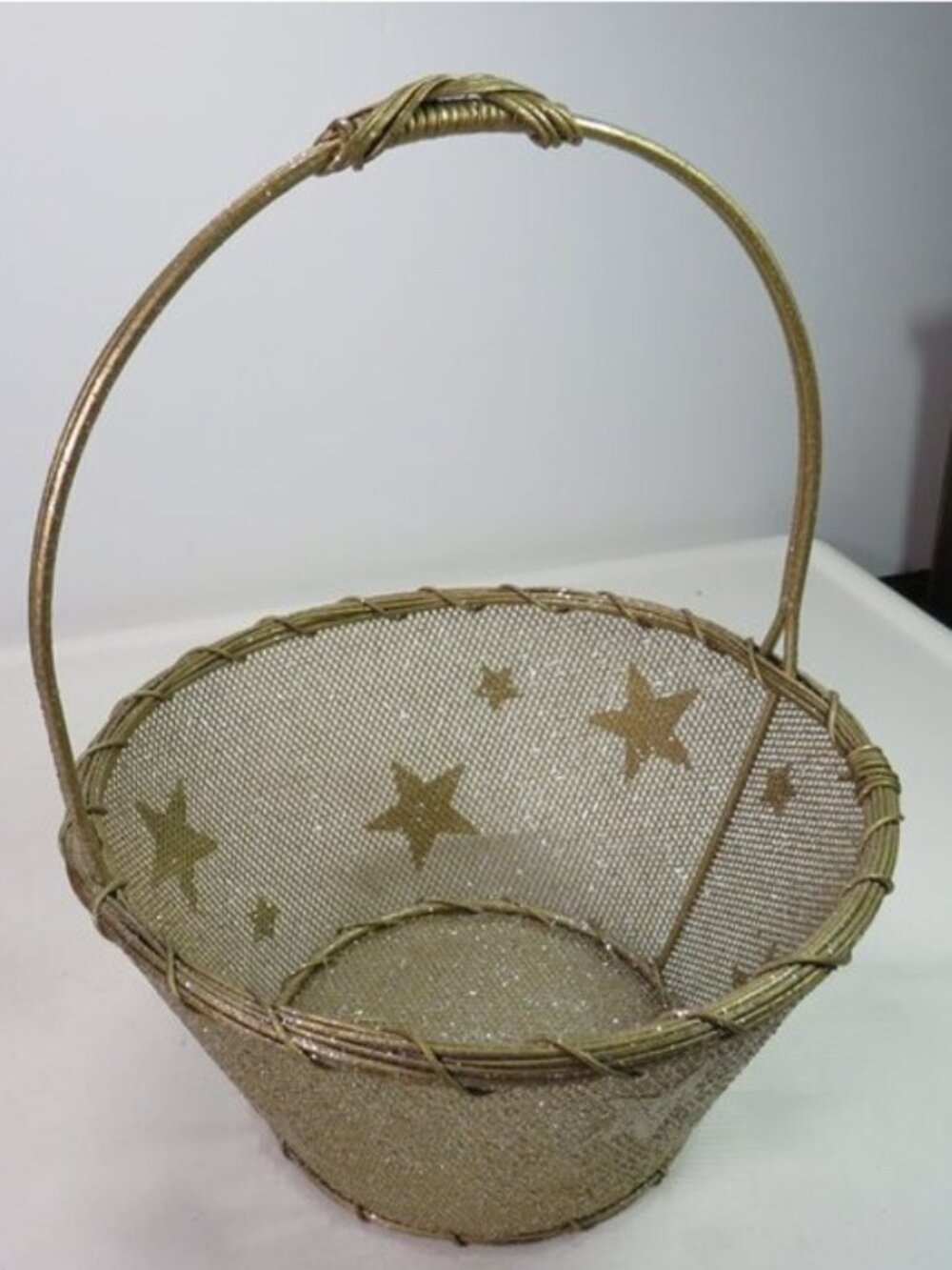 Champagne Gold Wire Mesh Star Basket Glitter Flower Girl Celestial Decor 10"